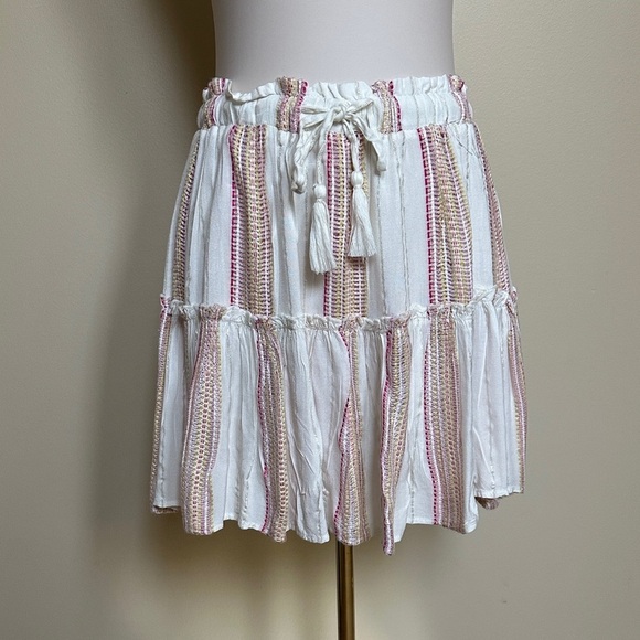 Elan Dresses & Skirts - Elan White Pink Metallic Stripe Tiered Mini Skirt Drawstring Waist Size M